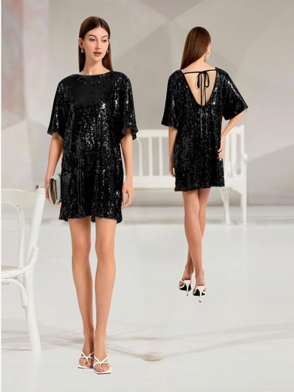 Black Sequin Short Sleeve Party Dress